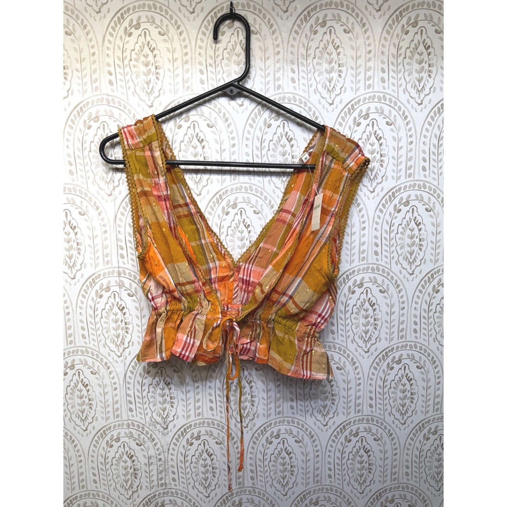 Aerie Plaid Crop Top Women Size S Orange Gold Metallic Lace Trim V-Neck Blouse
